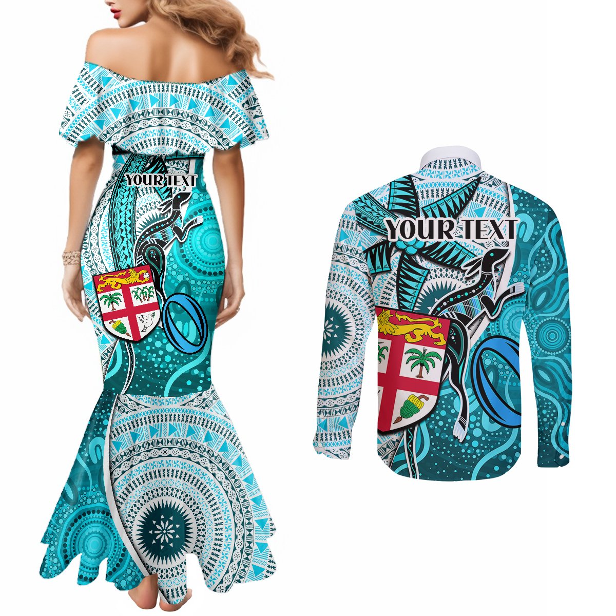 personalised-fiji-australia-rugby-couples-matching-mermaid-dress-and-long-sleeve-button-shirts-kangaroo-and-palm-tree-blue-tapa-pattern-mix-aboriginal