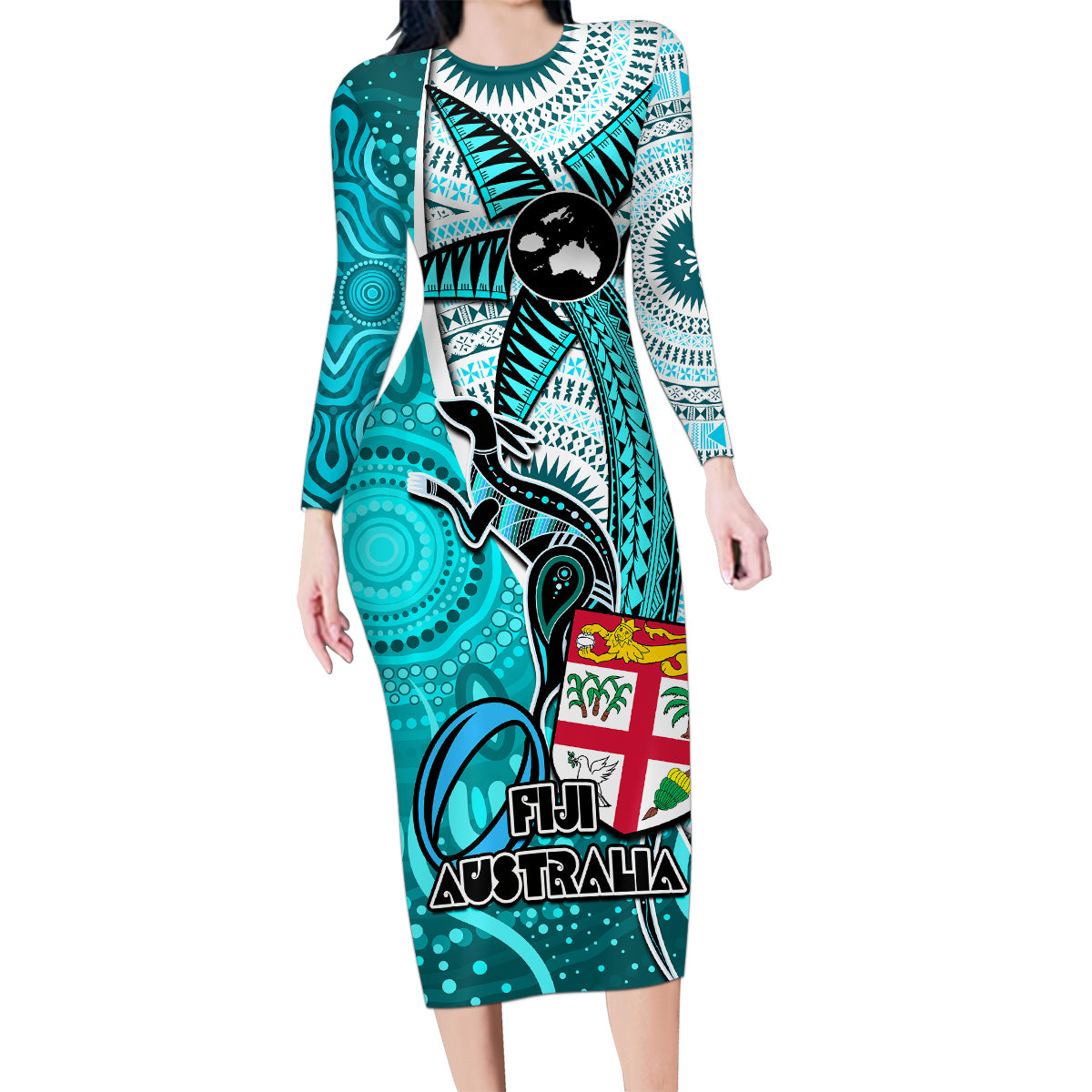 Personalised Fiji Australia Rugby Family Matching Long Sleeve Bodycon Dress and Hawaiian Shirt Kangaroo and Palm Tree Blue Tapa Pattern Mix Aboriginal LT03 Mom's Dress Blue - Polynesian Pride