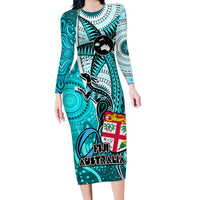 Personalised Fiji Australia Rugby Family Matching Long Sleeve Bodycon Dress and Hawaiian Shirt Kangaroo and Palm Tree Blue Tapa Pattern Mix Aboriginal LT03 Mom's Dress Blue - Polynesian Pride
