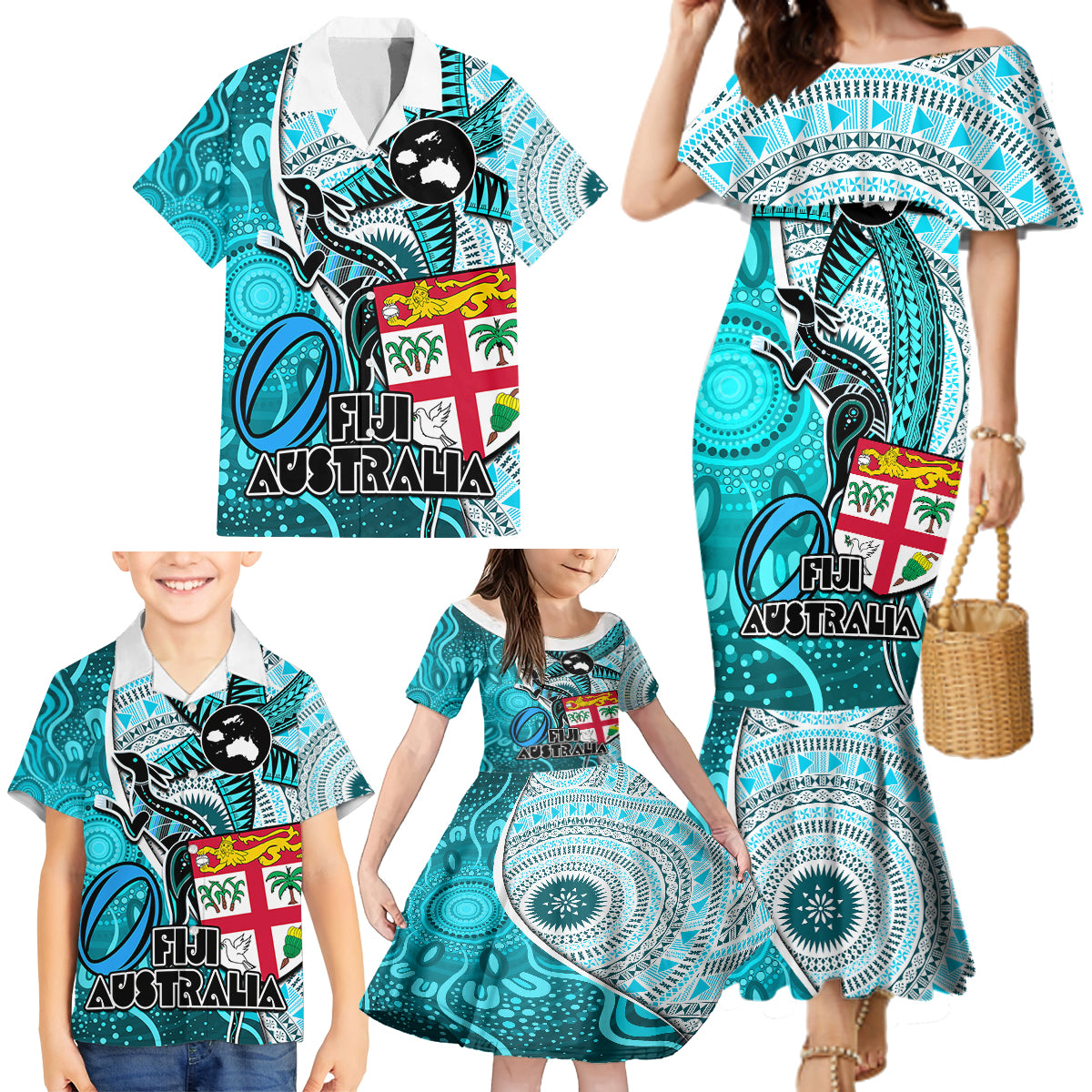 Personalised Fiji Australia Rugby Family Matching Mermaid Dress and Hawaiian Shirt Kangaroo and Palm Tree Blue Tapa Pattern Mix Aboriginal LT03 - Polynesian Pride