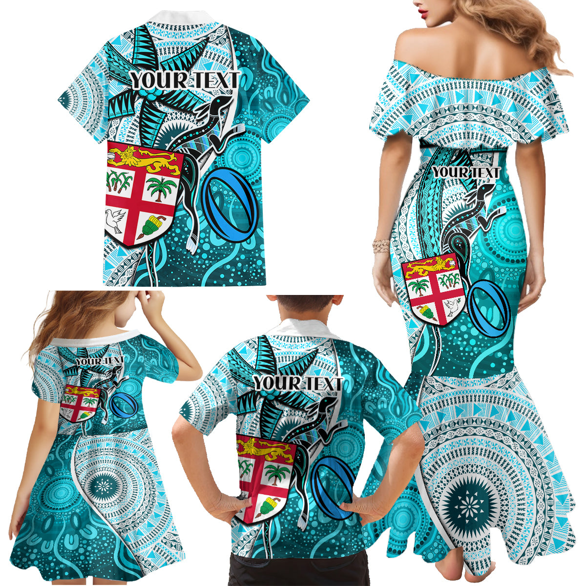 Personalised Fiji Australia Rugby Family Matching Mermaid Dress and Hawaiian Shirt Kangaroo and Palm Tree Blue Tapa Pattern Mix Aboriginal LT03 - Polynesian Pride
