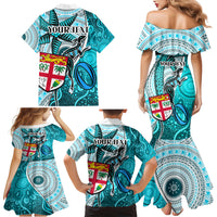Personalised Fiji Australia Rugby Family Matching Mermaid Dress and Hawaiian Shirt Kangaroo and Palm Tree Blue Tapa Pattern Mix Aboriginal LT03 - Polynesian Pride