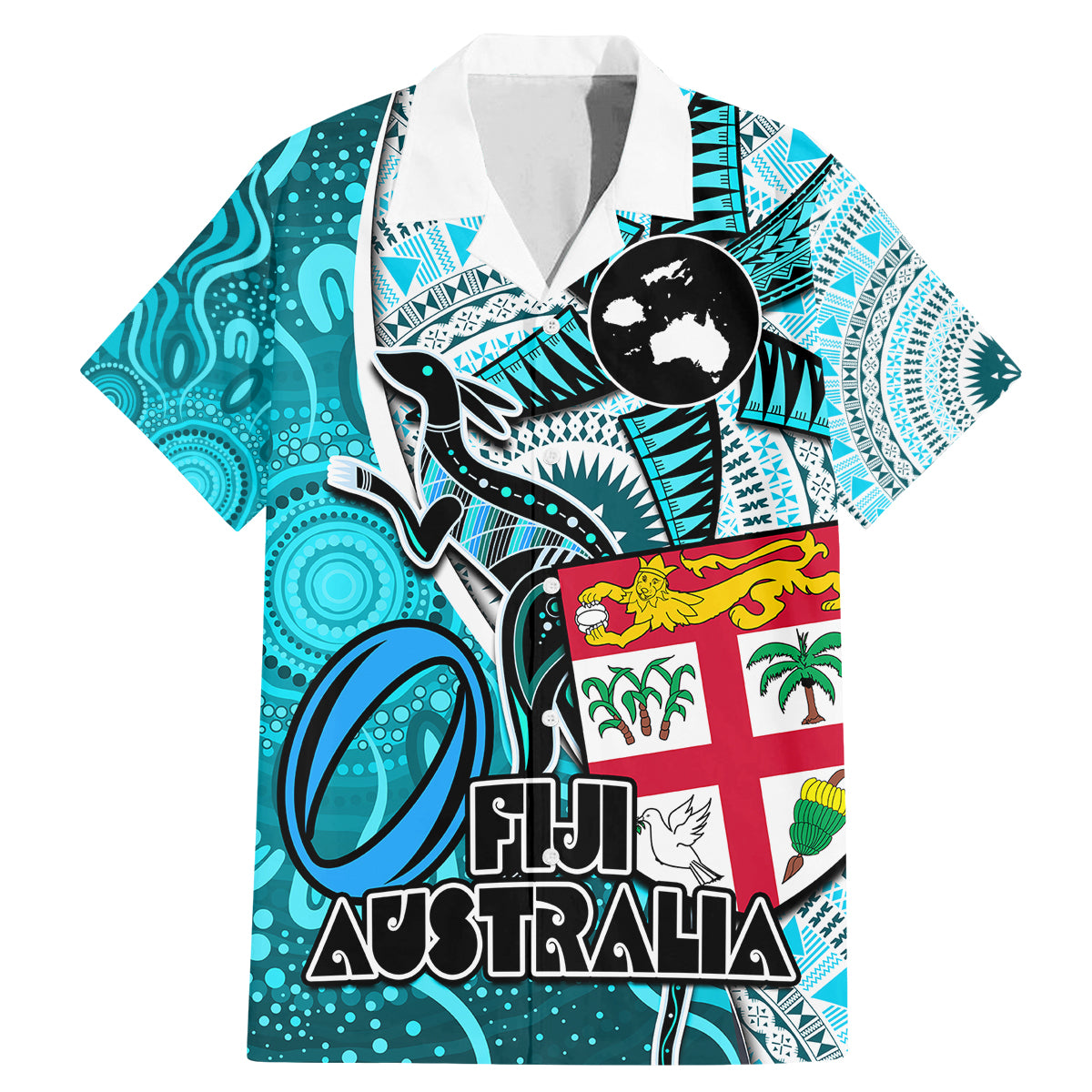 Personalised Fiji Australia Rugby Family Matching Mermaid Dress and Hawaiian Shirt Kangaroo and Palm Tree Blue Tapa Pattern Mix Aboriginal LT03 Dad's Shirt - Short Sleeve Blue - Polynesian Pride