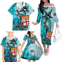 Personalised Fiji Australia Rugby Family Matching Off Shoulder Long Sleeve Dress and Hawaiian Shirt Kangaroo and Palm Tree Blue Tapa Pattern Mix Aboriginal LT03 - Polynesian Pride