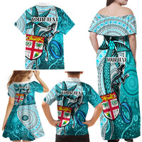 Personalised Fiji Australia Rugby Family Matching Off Shoulder Long Sleeve Dress and Hawaiian Shirt Kangaroo and Palm Tree Blue Tapa Pattern Mix Aboriginal LT03 - Polynesian Pride