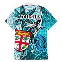 Personalised Fiji Australia Rugby Family Matching Off Shoulder Long Sleeve Dress and Hawaiian Shirt Kangaroo and Palm Tree Blue Tapa Pattern Mix Aboriginal LT03 - Polynesian Pride