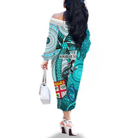 Personalised Fiji Australia Rugby Family Matching Off Shoulder Long Sleeve Dress and Hawaiian Shirt Kangaroo and Palm Tree Blue Tapa Pattern Mix Aboriginal LT03 - Polynesian Pride