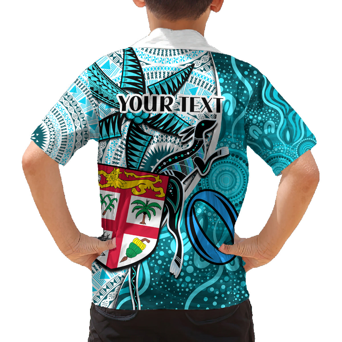 Personalised Fiji Australia Rugby Family Matching Off Shoulder Maxi Dress and Hawaiian Shirt Kangaroo and Palm Tree Blue Tapa Pattern Mix Aboriginal LT03 - Polynesian Pride
