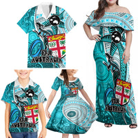 Personalised Fiji Australia Rugby Family Matching Off Shoulder Maxi Dress and Hawaiian Shirt Kangaroo and Palm Tree Blue Tapa Pattern Mix Aboriginal LT03 - Polynesian Pride