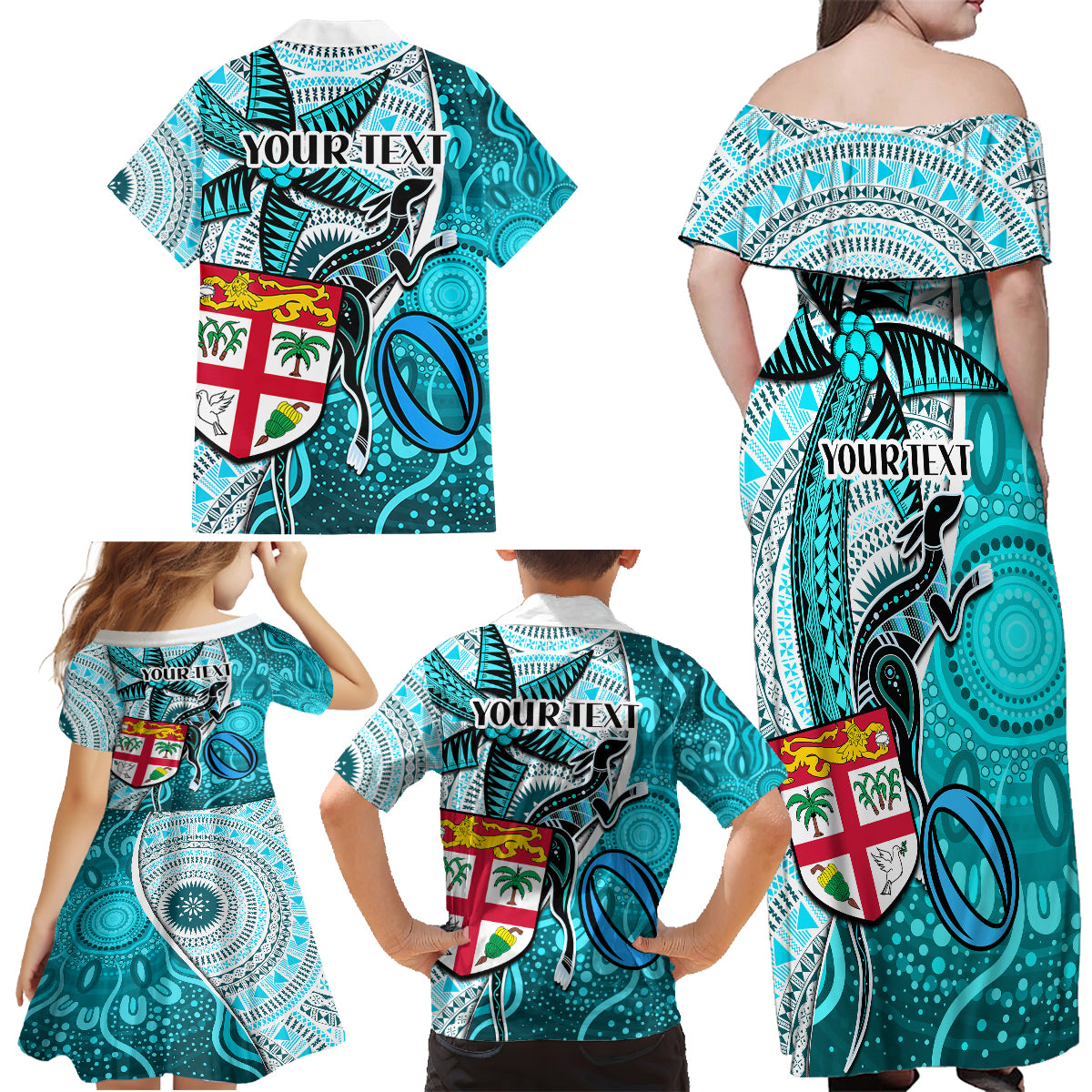 Personalised Fiji Australia Rugby Family Matching Off Shoulder Maxi Dress and Hawaiian Shirt Kangaroo and Palm Tree Blue Tapa Pattern Mix Aboriginal LT03 - Polynesian Pride