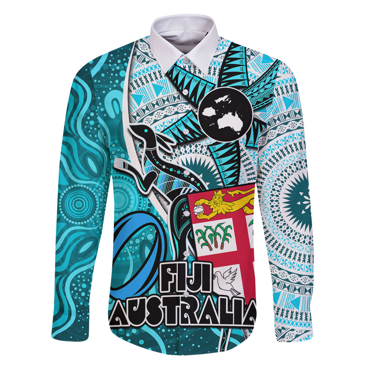 Personalised Fiji Australia Rugby Family Matching Off Shoulder Maxi Dress and Hawaiian Shirt Kangaroo and Palm Tree Blue Tapa Pattern Mix Aboriginal LT03 Dad's Shirt - Short Sleeve Blue - Polynesian Pride