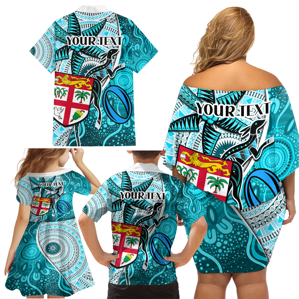 Personalised Fiji Australia Rugby Family Matching Off Shoulder Short Dress and Hawaiian Shirt Kangaroo and Palm Tree Blue Tapa Pattern Mix Aboriginal LT03 - Polynesian Pride