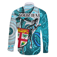 Personalised Fiji Australia Rugby Family Matching Off Shoulder Short Dress and Hawaiian Shirt Kangaroo and Palm Tree Blue Tapa Pattern Mix Aboriginal LT03 - Polynesian Pride