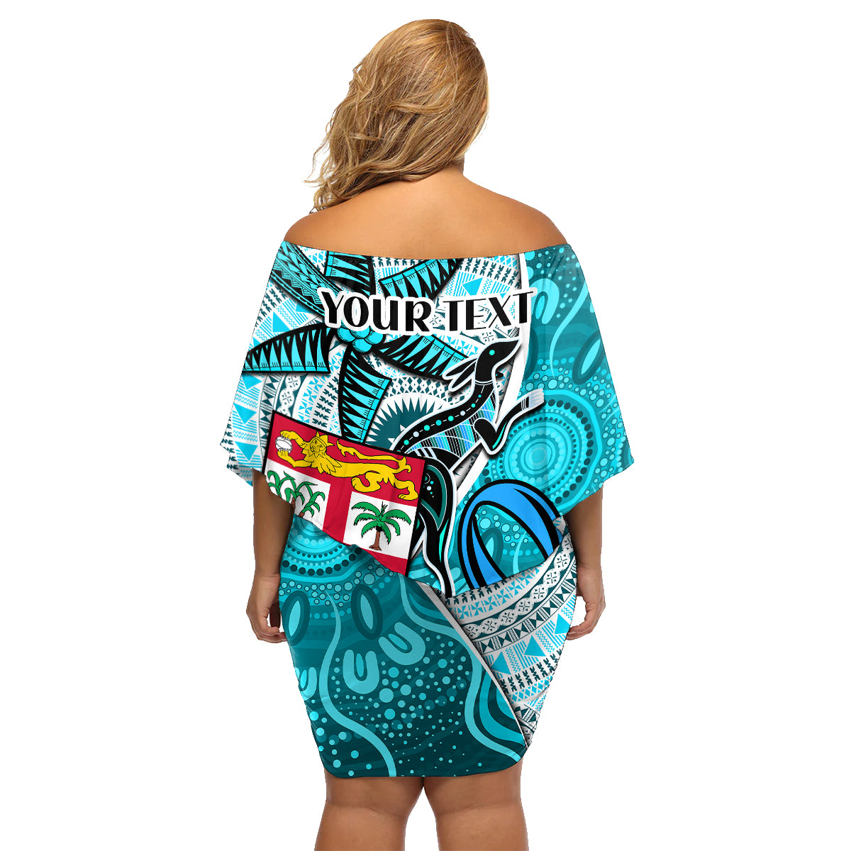 Personalised Fiji Australia Rugby Family Matching Off Shoulder Short Dress and Hawaiian Shirt Kangaroo and Palm Tree Blue Tapa Pattern Mix Aboriginal LT03 - Polynesian Pride