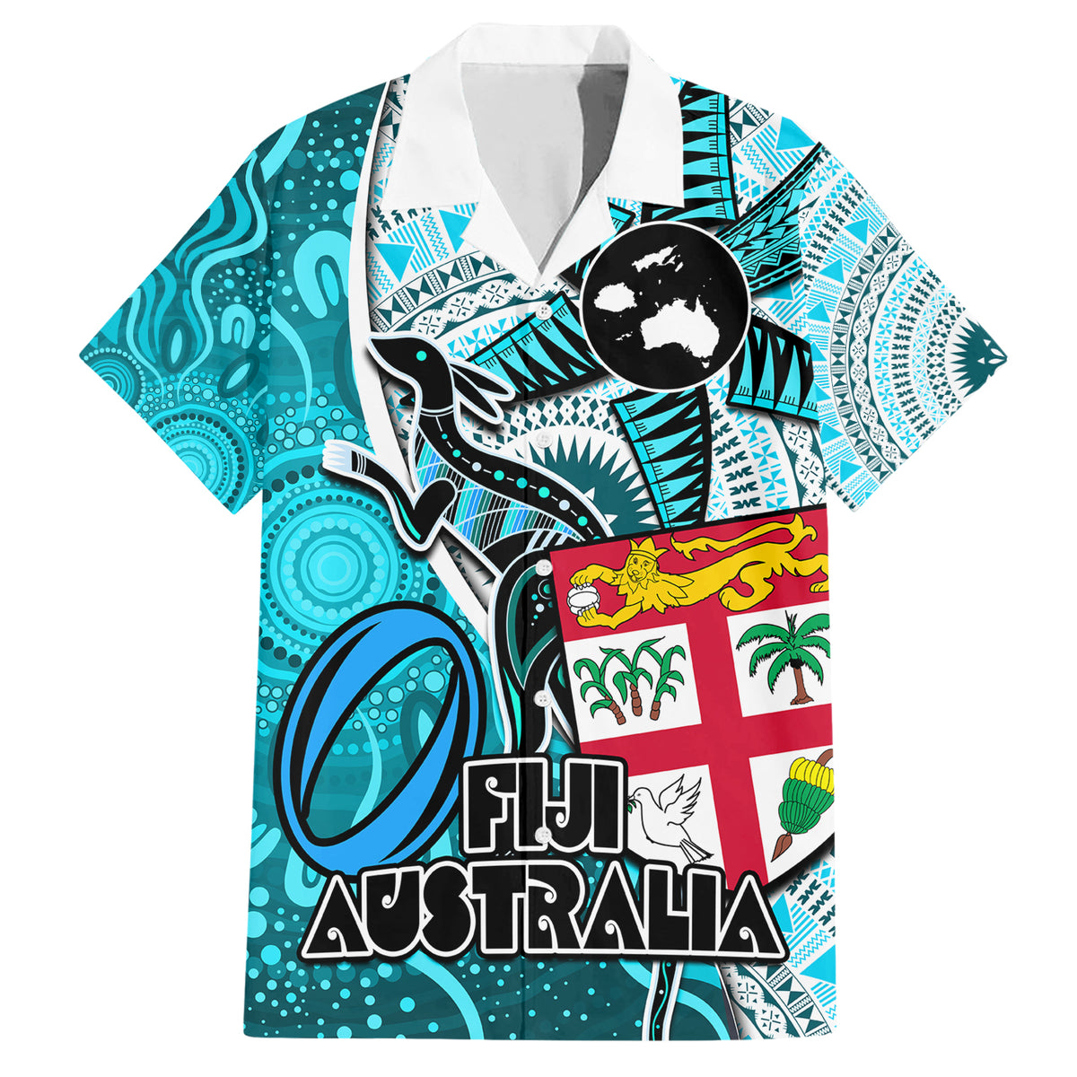 Personalised Fiji Australia Rugby Family Matching Short Sleeve Bodycon Dress and Hawaiian Shirt Kangaroo and Palm Tree Blue Tapa Pattern Mix Aboriginal LT03 Dad's Shirt - Short Sleeve Blue - Polynesian Pride