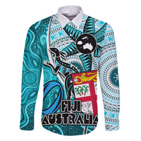 Personalised Fiji Australia Rugby Family Matching Short Sleeve Bodycon Dress and Hawaiian Shirt Kangaroo and Palm Tree Blue Tapa Pattern Mix Aboriginal LT03 Dad's Shirt - Long Sleeve Blue - Polynesian Pride