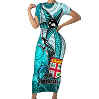 Personalised Fiji Australia Rugby Family Matching Short Sleeve Bodycon Dress and Hawaiian Shirt Kangaroo and Palm Tree Blue Tapa Pattern Mix Aboriginal LT03 Mom's Dress Blue - Polynesian Pride