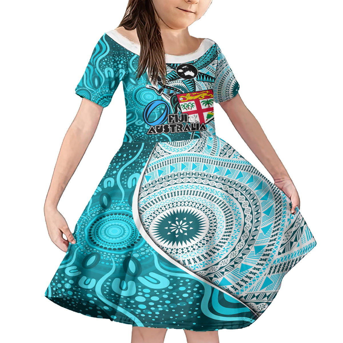 Personalised Fiji Australia Rugby Family Matching Summer Maxi Dress and Hawaiian Shirt Kangaroo and Palm Tree Blue Tapa Pattern Mix Aboriginal LT03 Daughter's Dress Blue - Polynesian Pride