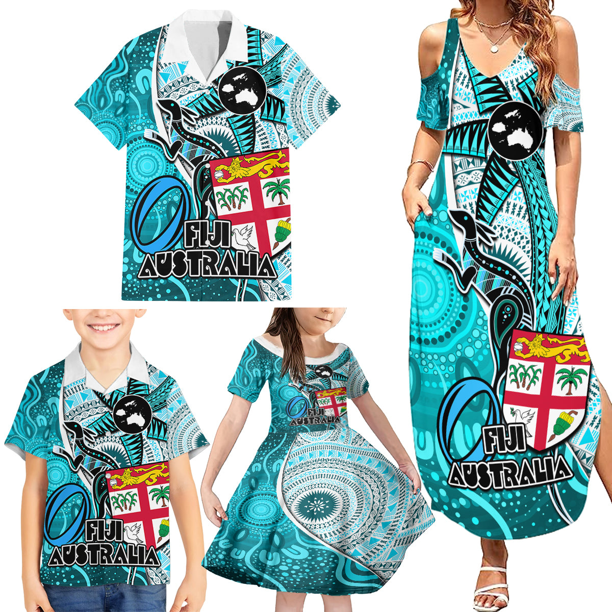 Personalised Fiji Australia Rugby Family Matching Summer Maxi Dress and Hawaiian Shirt Kangaroo and Palm Tree Blue Tapa Pattern Mix Aboriginal LT03 - Polynesian Pride