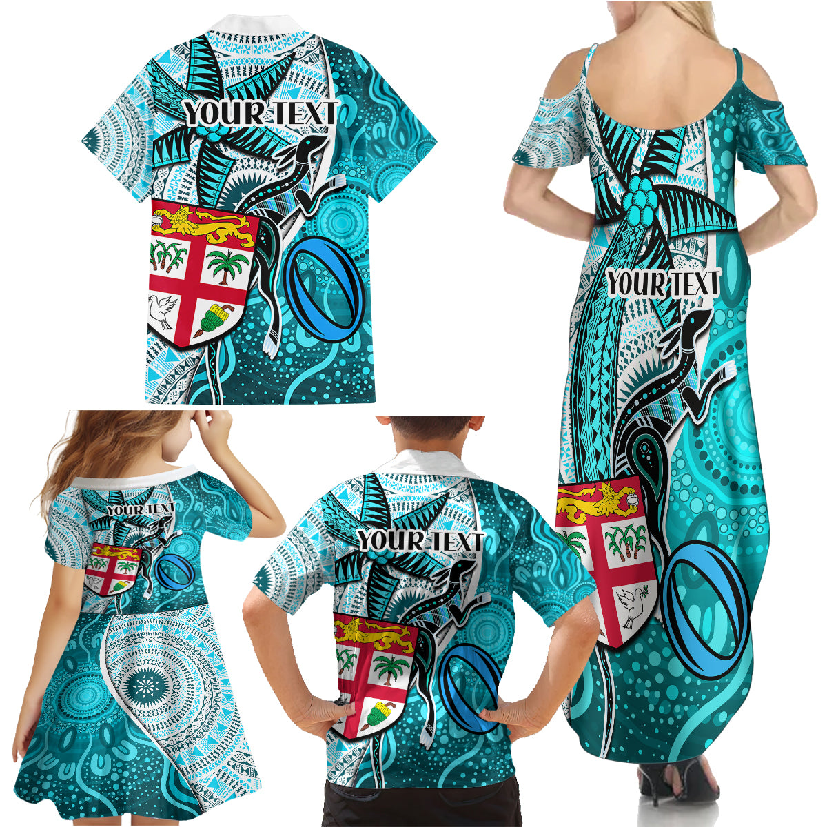 Personalised Fiji Australia Rugby Family Matching Summer Maxi Dress and Hawaiian Shirt Kangaroo and Palm Tree Blue Tapa Pattern Mix Aboriginal LT03 - Polynesian Pride