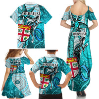 Personalised Fiji Australia Rugby Family Matching Summer Maxi Dress and Hawaiian Shirt Kangaroo and Palm Tree Blue Tapa Pattern Mix Aboriginal LT03 - Polynesian Pride
