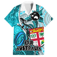 Personalised Fiji Australia Rugby Family Matching Summer Maxi Dress and Hawaiian Shirt Kangaroo and Palm Tree Blue Tapa Pattern Mix Aboriginal LT03 Dad's Shirt - Short Sleeve Blue - Polynesian Pride