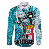 Personalised Fiji Australia Rugby Family Matching Summer Maxi Dress and Hawaiian Shirt Kangaroo and Palm Tree Blue Tapa Pattern Mix Aboriginal LT03 Dad's Shirt - Long Sleeve Blue - Polynesian Pride