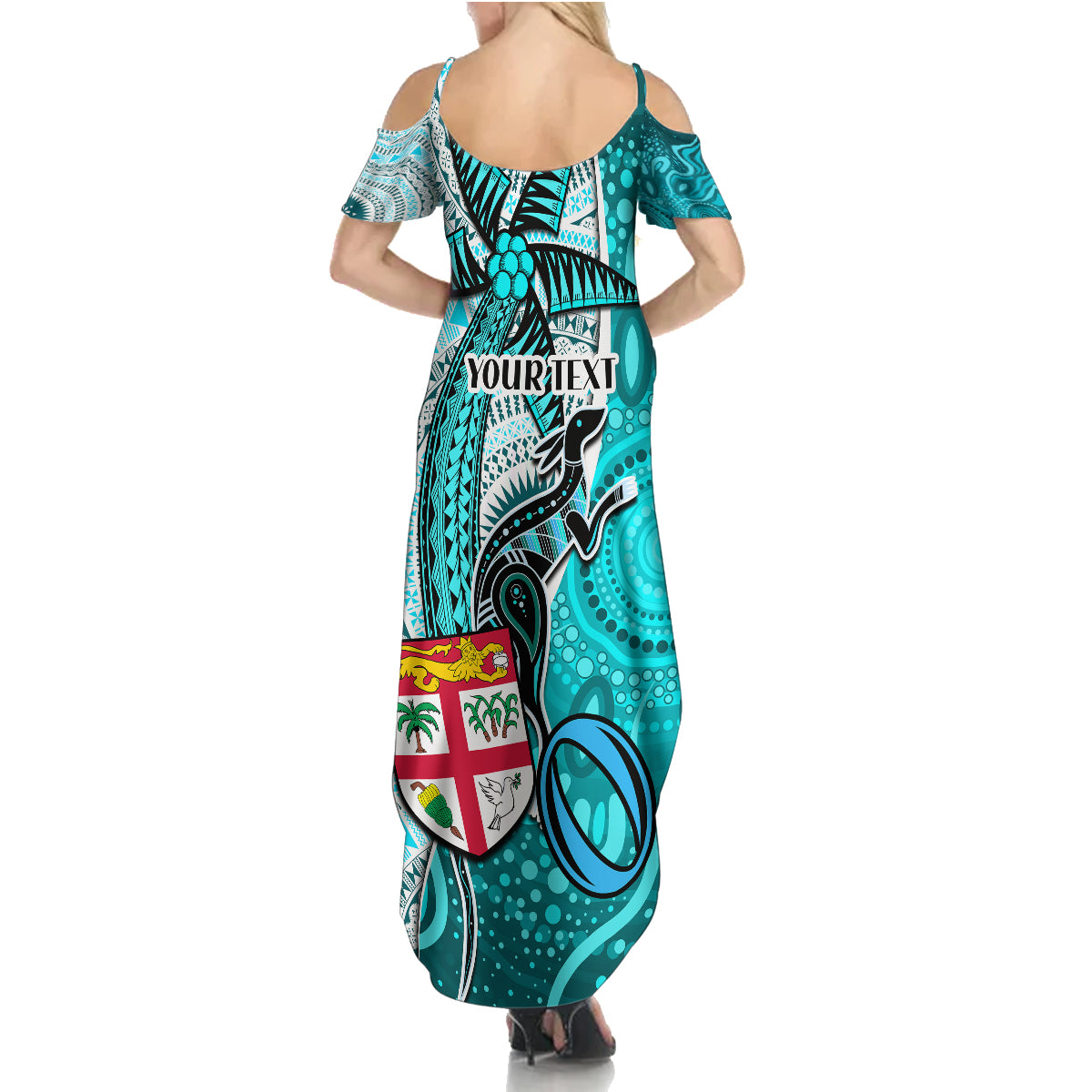 Personalised Fiji Australia Rugby Family Matching Summer Maxi Dress and Hawaiian Shirt Kangaroo and Palm Tree Blue Tapa Pattern Mix Aboriginal LT03 - Polynesian Pride