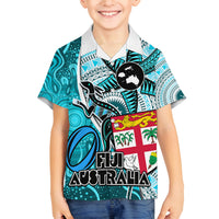Personalised Fiji Australia Rugby Family Matching Summer Maxi Dress and Hawaiian Shirt Kangaroo and Palm Tree Blue Tapa Pattern Mix Aboriginal LT03 Son's Shirt Blue - Polynesian Pride