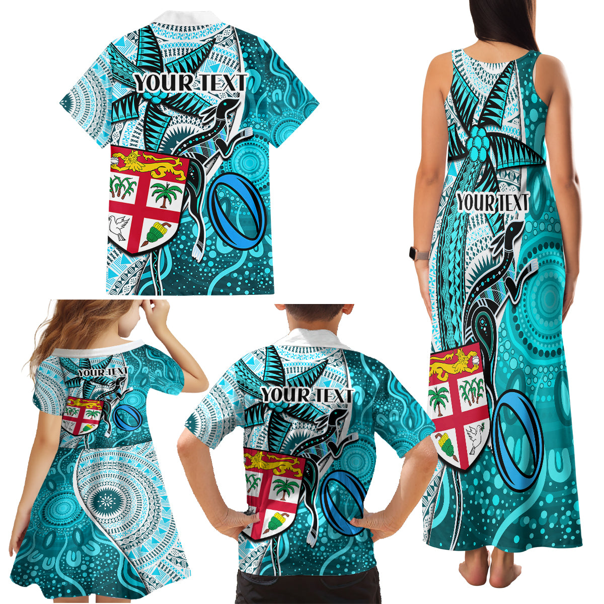Personalised Fiji Australia Rugby Family Matching Tank Maxi Dress and Hawaiian Shirt Kangaroo and Palm Tree Blue Tapa Pattern Mix Aboriginal LT03 - Polynesian Pride