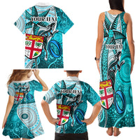 Personalised Fiji Australia Rugby Family Matching Tank Maxi Dress and Hawaiian Shirt Kangaroo and Palm Tree Blue Tapa Pattern Mix Aboriginal LT03 - Polynesian Pride