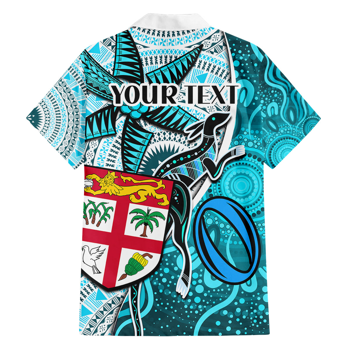 Personalised Fiji Australia Rugby Family Matching Tank Maxi Dress and Hawaiian Shirt Kangaroo and Palm Tree Blue Tapa Pattern Mix Aboriginal LT03 - Polynesian Pride