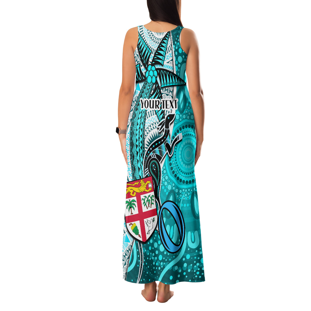 Personalised Fiji Australia Rugby Family Matching Tank Maxi Dress and Hawaiian Shirt Kangaroo and Palm Tree Blue Tapa Pattern Mix Aboriginal LT03 - Polynesian Pride