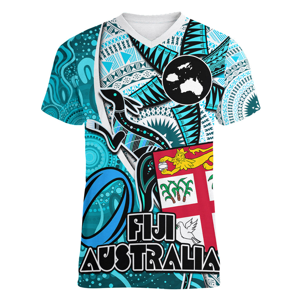 personalised-fiji-australia-rugby-women-v-neck-t-shirt-kangaroo-and-palm-tree-blue-tapa-pattern-mix-aboriginal