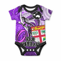 Fiji Australia Rugby Baby Onesie Kangaroo and Palm Tree Purple Tapa Pattern Mix Aboriginal LT03 Purple - Polynesian Pride