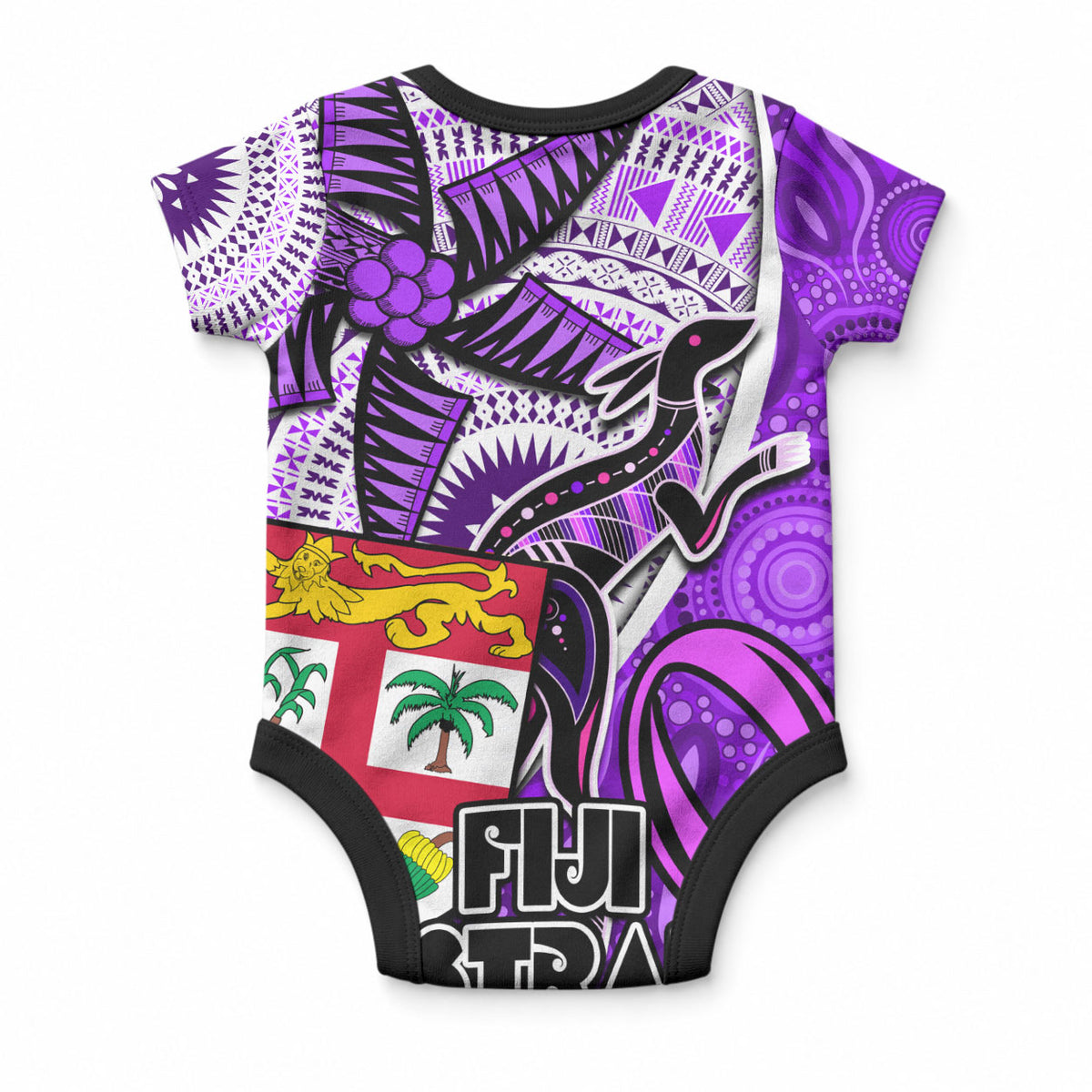Fiji Australia Rugby Baby Onesie Kangaroo and Palm Tree Purple Tapa Pattern Mix Aboriginal LT03 - Polynesian Pride