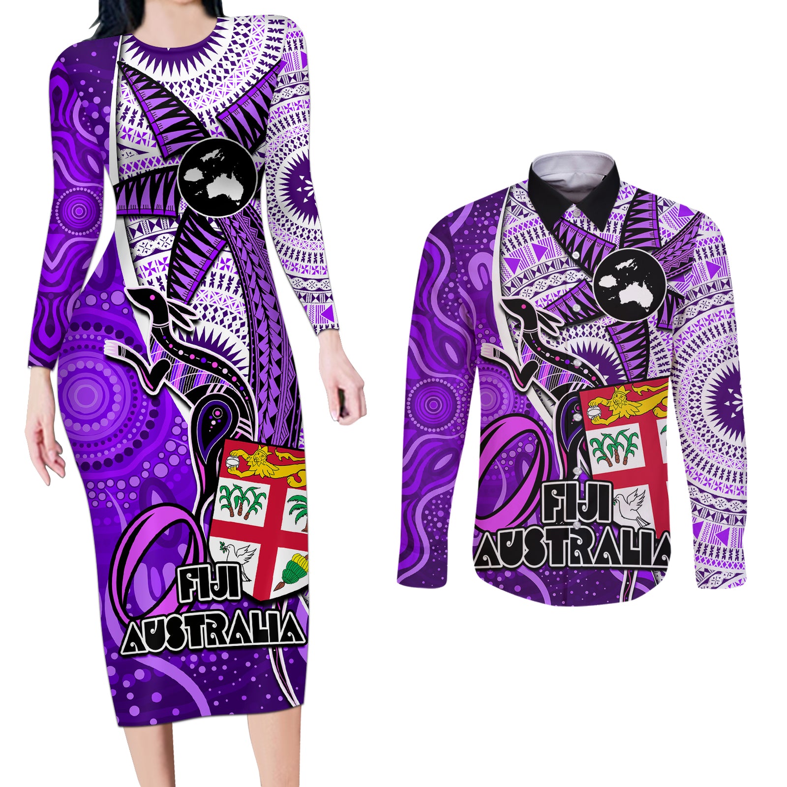 fiji-australia-rugby-couples-matching-long-sleeve-bodycon-dress-and-long-sleeve-button-shirts-kangaroo-and-palm-tree-purple-tapa-pattern-mix-aboriginal
