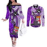 Fiji Australia Rugby Couples Matching Off The Shoulder Long Sleeve Dress and Long Sleeve Button Shirts Kangaroo and Palm Tree Purple Tapa Pattern Mix Aboriginal LT03 Purple - Polynesian Pride