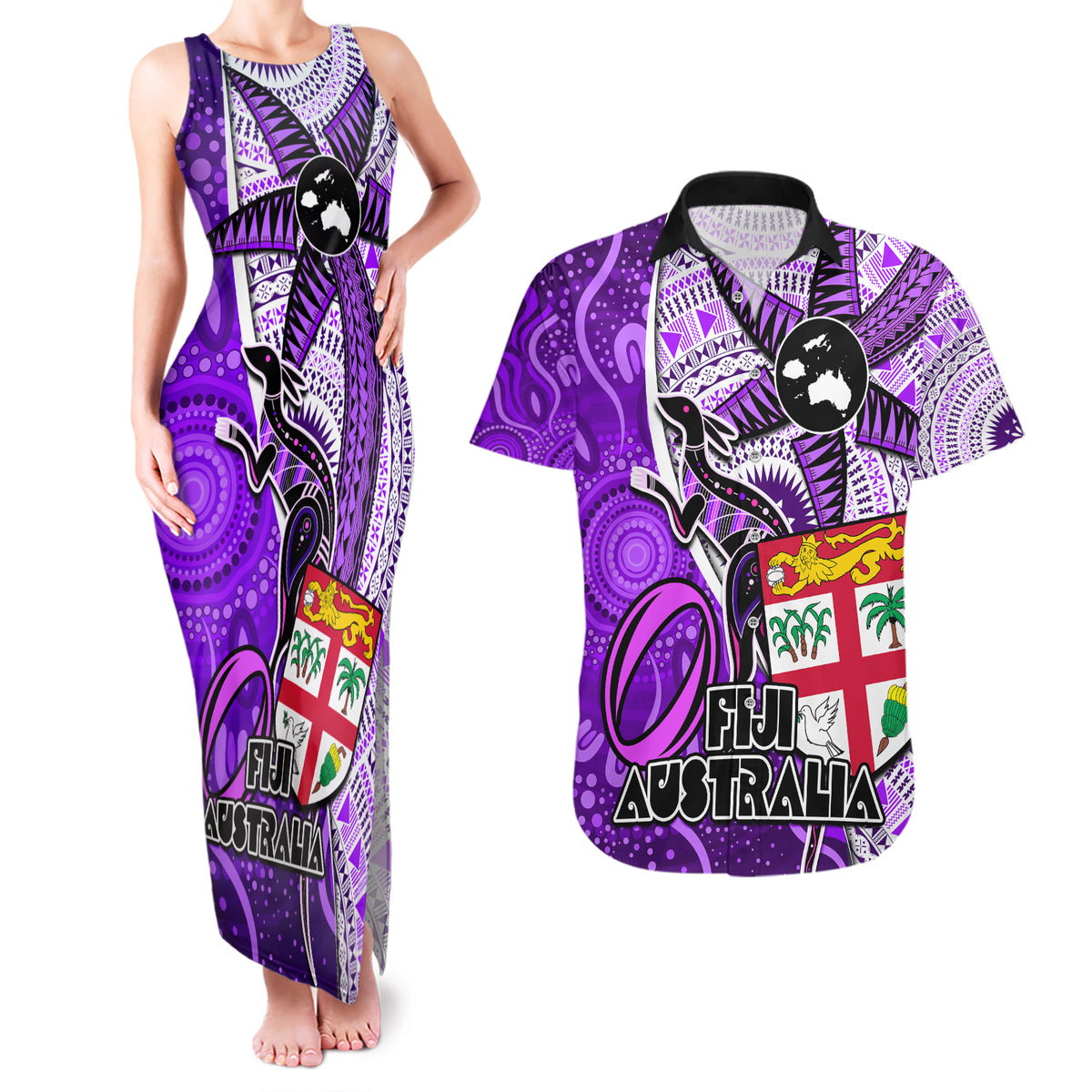 fiji-australia-rugby-couples-matching-tank-maxi-dress-and-hawaiian-shirt-kangaroo-and-palm-tree-purple-tapa-pattern-mix-aboriginal
