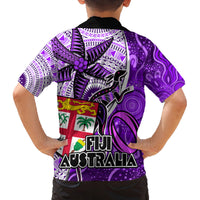 Fiji Australia Rugby Family Matching Long Sleeve Bodycon Dress and Hawaiian Shirt Kangaroo and Palm Tree Purple Tapa Pattern Mix Aboriginal LT03 - Polynesian Pride