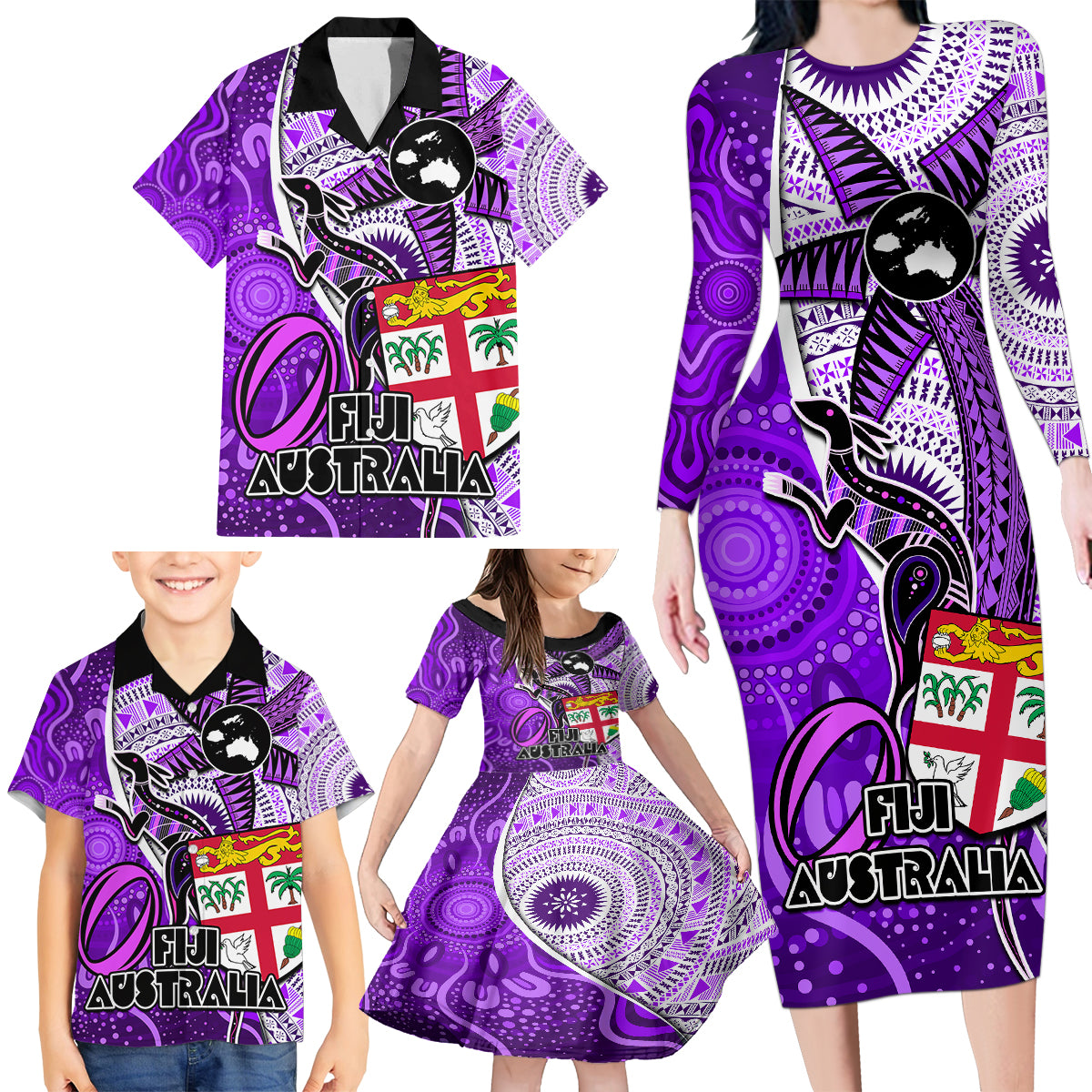 Fiji Australia Rugby Family Matching Long Sleeve Bodycon Dress and Hawaiian Shirt Kangaroo and Palm Tree Purple Tapa Pattern Mix Aboriginal LT03 - Polynesian Pride