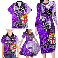 Fiji Australia Rugby Family Matching Long Sleeve Bodycon Dress and Hawaiian Shirt Kangaroo and Palm Tree Purple Tapa Pattern Mix Aboriginal LT03 - Polynesian Pride