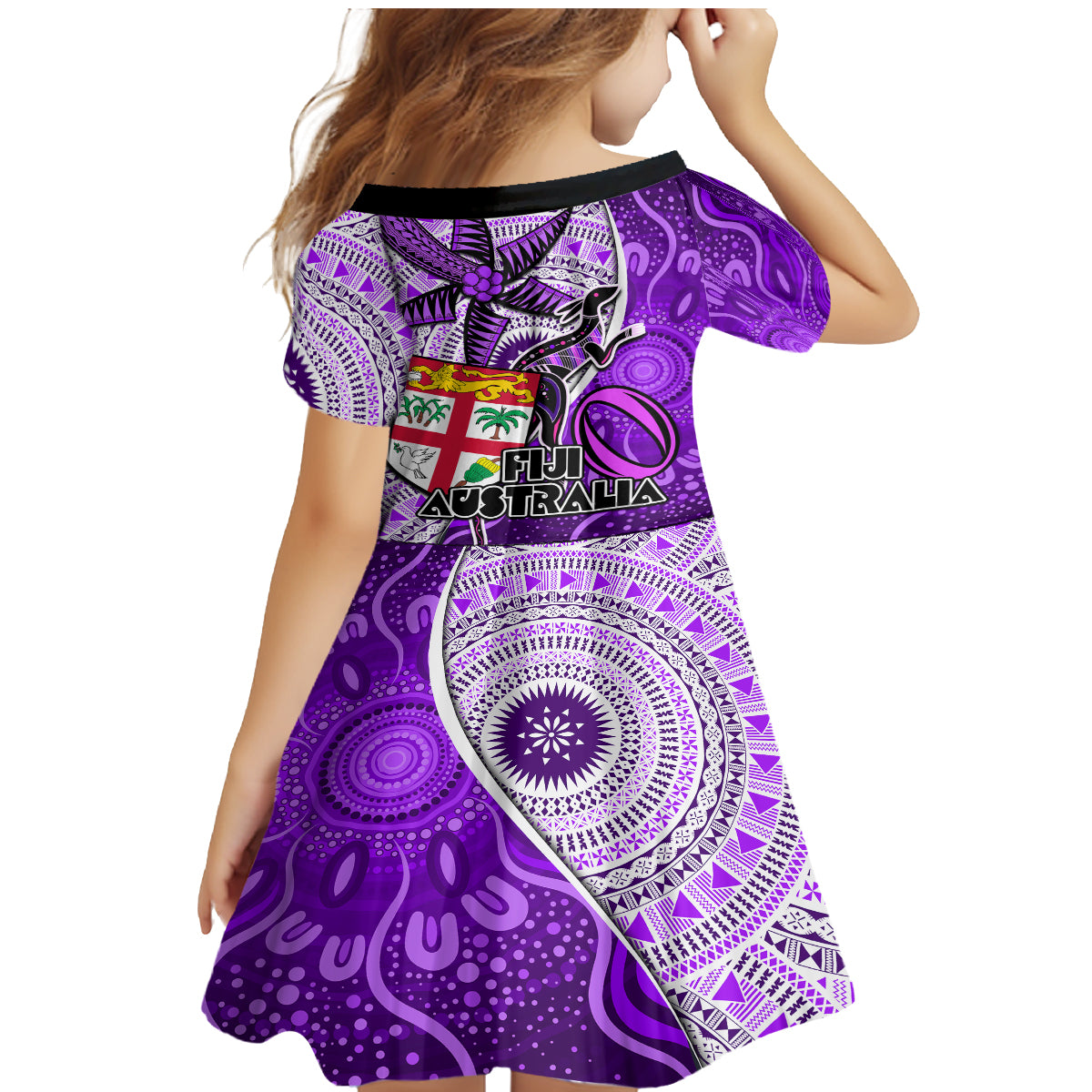 Fiji Australia Rugby Family Matching Mermaid Dress and Hawaiian Shirt Kangaroo and Palm Tree Purple Tapa Pattern Mix Aboriginal LT03 - Polynesian Pride