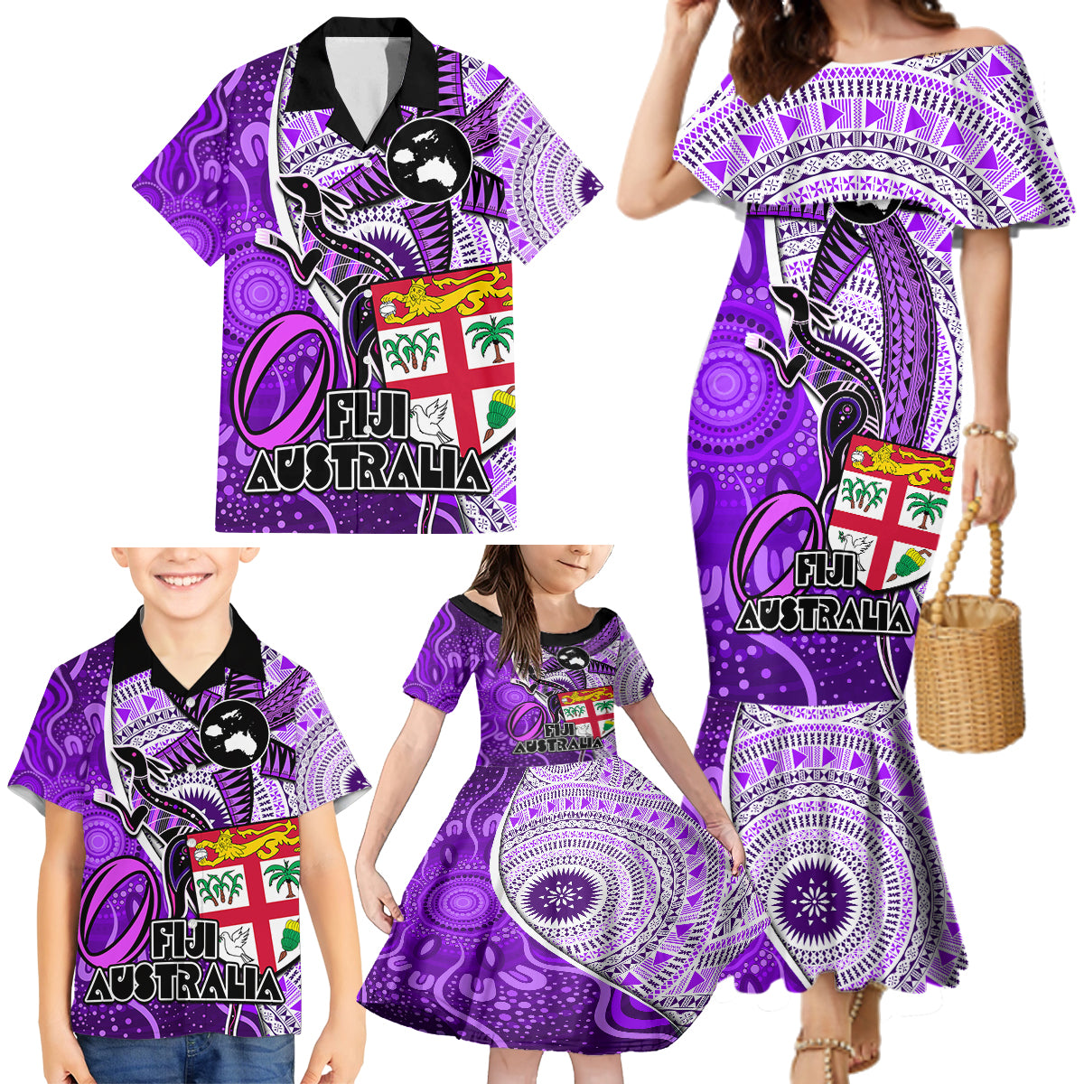Fiji Australia Rugby Family Matching Mermaid Dress and Hawaiian Shirt Kangaroo and Palm Tree Purple Tapa Pattern Mix Aboriginal LT03 - Polynesian Pride
