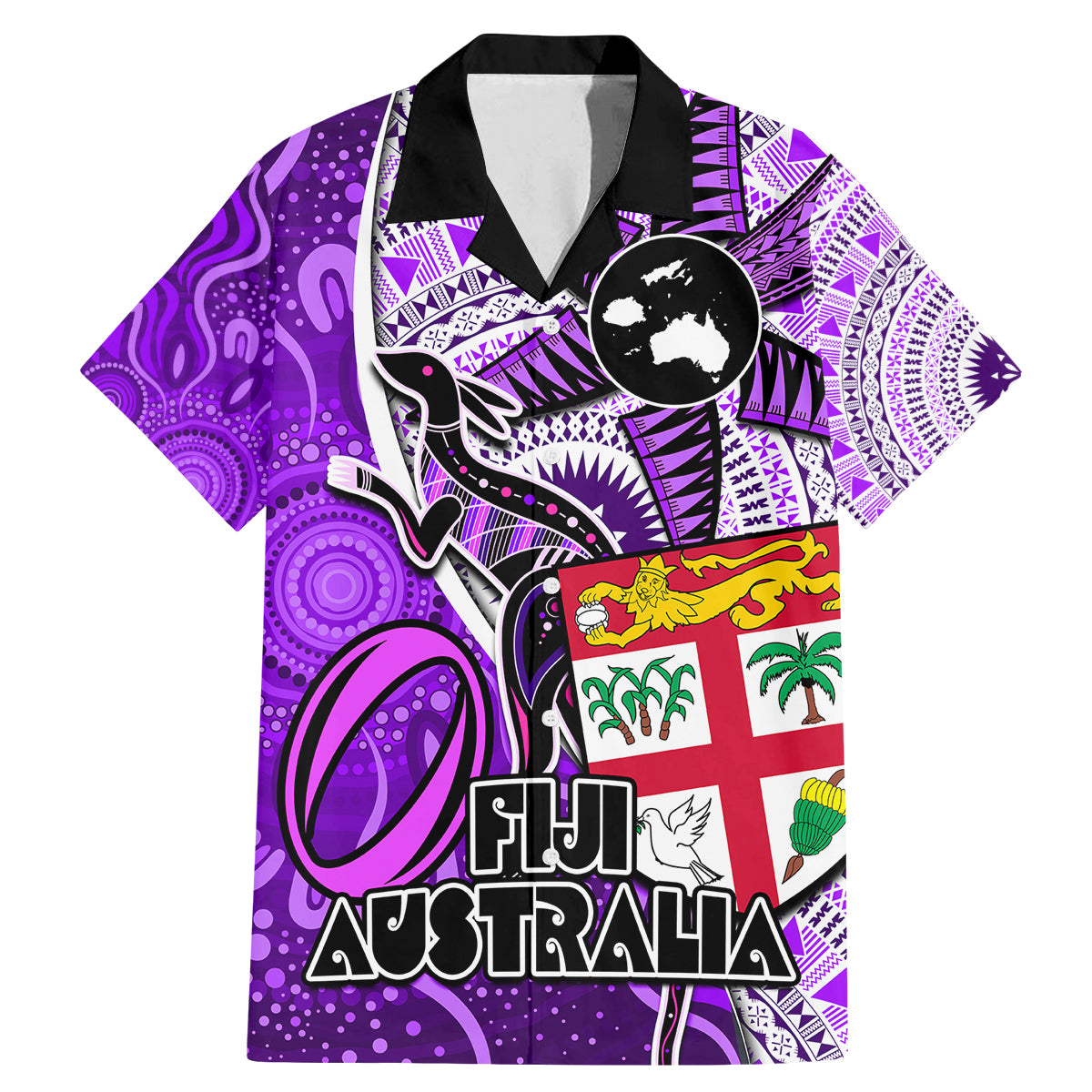Fiji Australia Rugby Family Matching Mermaid Dress and Hawaiian Shirt Kangaroo and Palm Tree Purple Tapa Pattern Mix Aboriginal LT03 Dad's Shirt - Short Sleeve Purple - Polynesian Pride