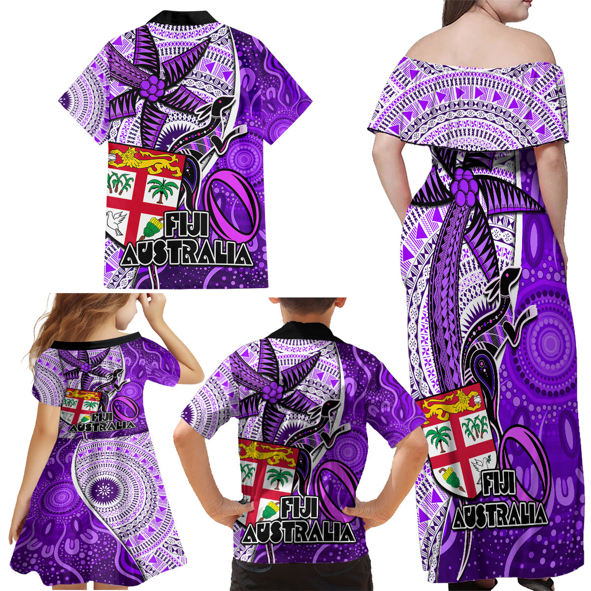 Fiji Australia Rugby Family Matching Off Shoulder Long Sleeve Dress and Hawaiian Shirt Kangaroo and Palm Tree Purple Tapa Pattern Mix Aboriginal LT03 - Polynesian Pride