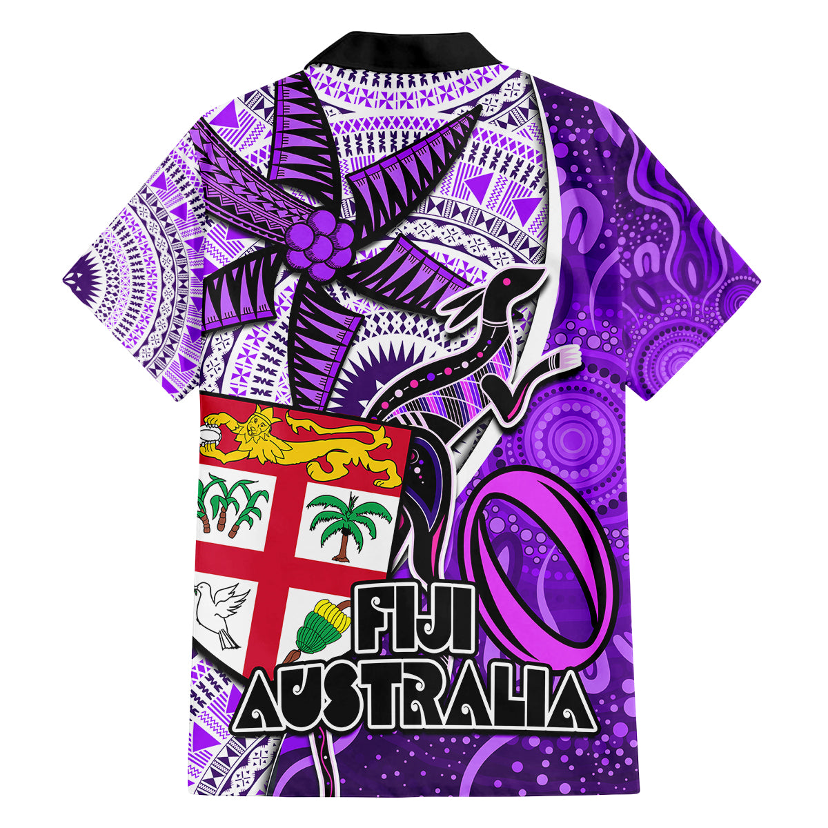 Fiji Australia Rugby Family Matching Off Shoulder Long Sleeve Dress and Hawaiian Shirt Kangaroo and Palm Tree Purple Tapa Pattern Mix Aboriginal LT03 - Polynesian Pride