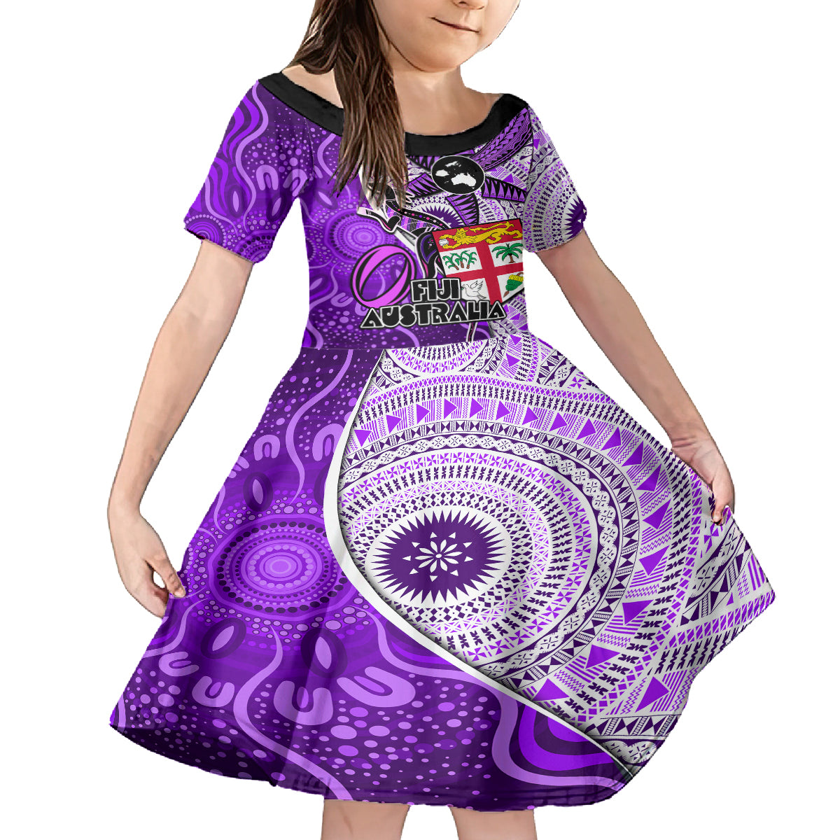 fiji-australia-rugby-family-matching-off-shoulder-maxi-dress-and-hawaiian-shirt-kangaroo-and-palm-tree-purple-tapa-pattern-mix-aboriginal