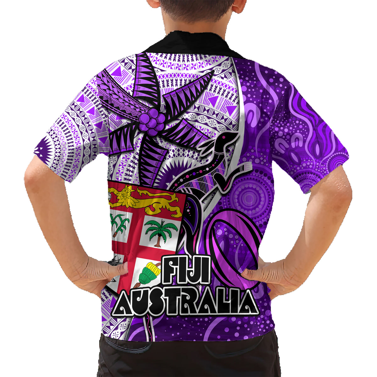 Fiji Australia Rugby Family Matching Short Sleeve Bodycon Dress and Hawaiian Shirt Kangaroo and Palm Tree Purple Tapa Pattern Mix Aboriginal LT03 - Polynesian Pride