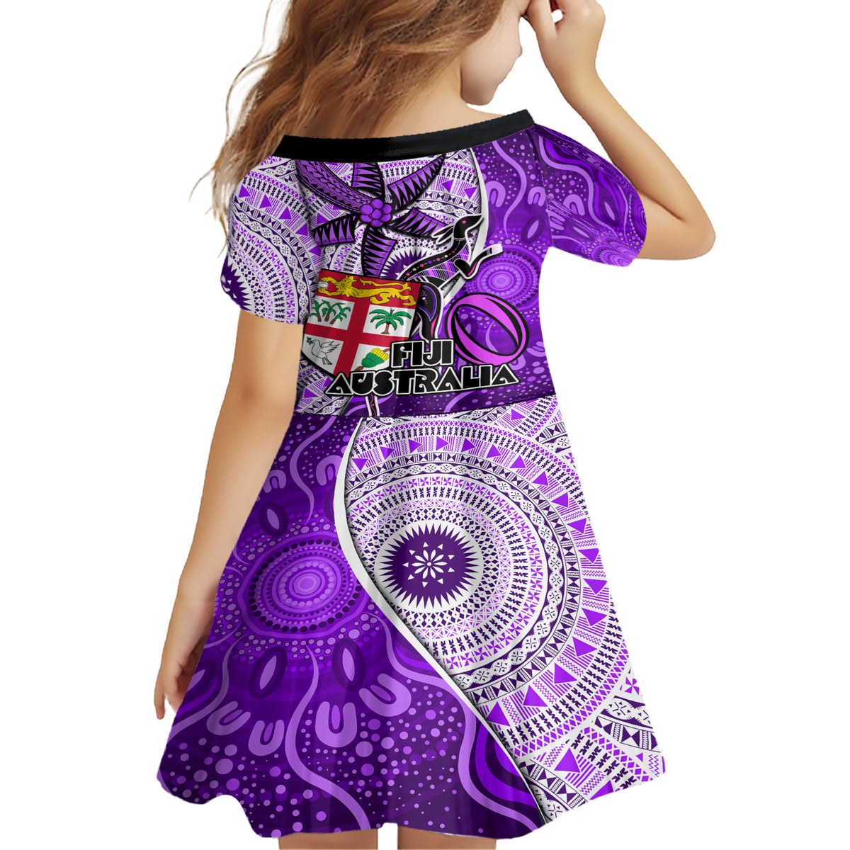 Fiji Australia Rugby Family Matching Short Sleeve Bodycon Dress and Hawaiian Shirt Kangaroo and Palm Tree Purple Tapa Pattern Mix Aboriginal LT03 - Polynesian Pride